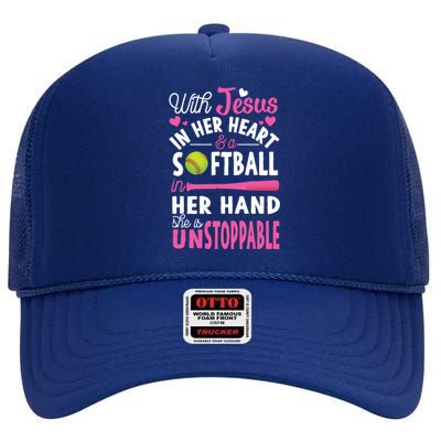 Jesus In Her Heart Softball Hand Funny Pitcher Gift For Her Gift High Crown Mesh Back Trucker Hat