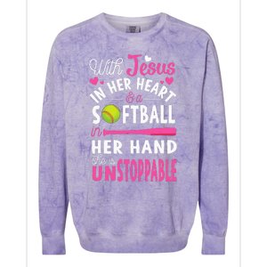 Jesus In Her Heart Softball Hand Funny Pitcher Colorblast Crewneck Sweatshirt