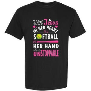 Jesus In Her Heart Softball Hand Funny Pitcher Garment-Dyed Heavyweight T-Shirt