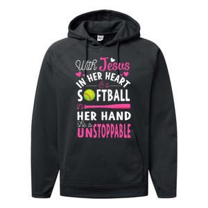 Jesus In Her Heart Softball Hand Funny Pitcher Performance Fleece Hoodie