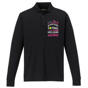 Jesus In Her Heart Softball Hand Funny Pitcher Performance Long Sleeve Polo