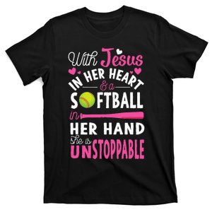 Jesus In Her Heart Softball Hand Funny Pitcher T-Shirt