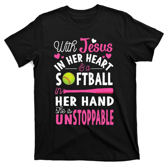 Jesus In Her Heart Softball Hand Funny Pitcher T-Shirt