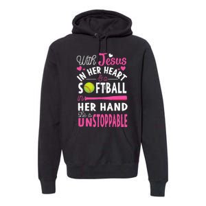 Jesus In Her Heart Softball Hand Funny Pitcher Premium Hoodie