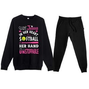 Jesus In Her Heart Softball Hand Funny Pitcher Premium Crewneck Sweatsuit Set