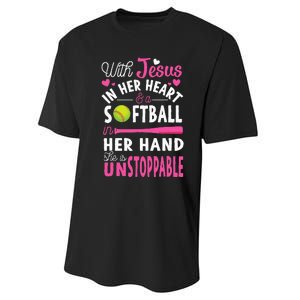 Jesus In Her Heart Softball Hand Funny Pitcher Performance Sprint T-Shirt