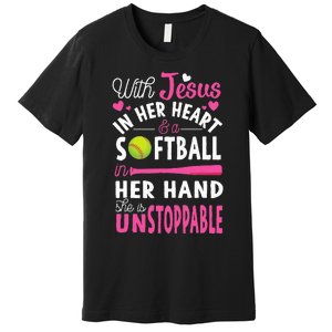 Jesus In Her Heart Softball Hand Funny Pitcher Premium T-Shirt