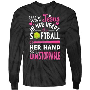 Jesus In Her Heart Softball Hand Funny Pitcher Tie-Dye Long Sleeve Shirt