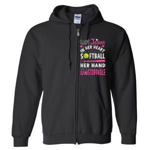 Jesus In Her Heart Softball Hand Funny Pitcher Full Zip Hoodie