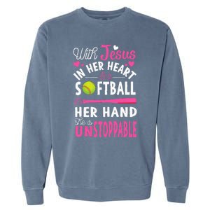 Jesus In Her Heart Softball Hand Funny Pitcher Garment-Dyed Sweatshirt