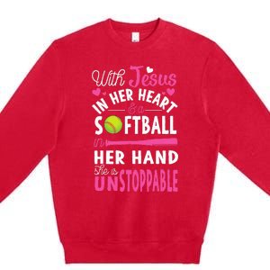 Jesus In Her Heart Softball Hand Funny Pitcher Premium Crewneck Sweatshirt