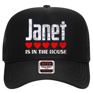 Janet Is In The House Retro Hearts First Name Love Janet High Crown Mesh Back Trucker Hat