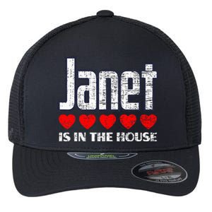 Janet Is In The House Retro Hearts First Name Love Janet Flexfit Unipanel Trucker Cap