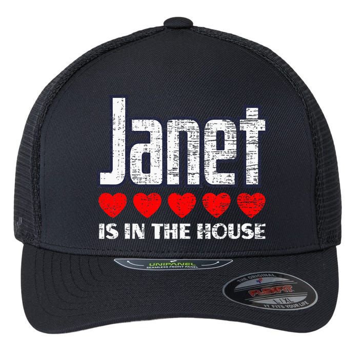 Janet Is In The House Retro Hearts First Name Love Janet Flexfit Unipanel Trucker Cap