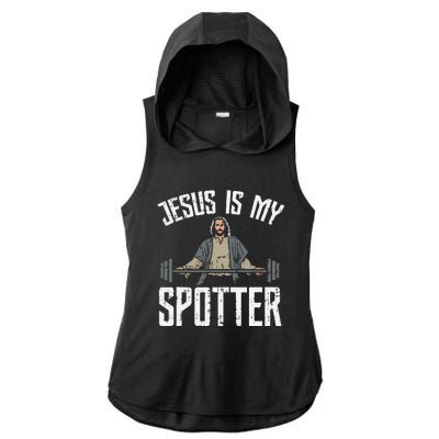 Jesus I Jesus Is My Spotter Ladies PosiCharge Tri-Blend Wicking Draft Hoodie Tank