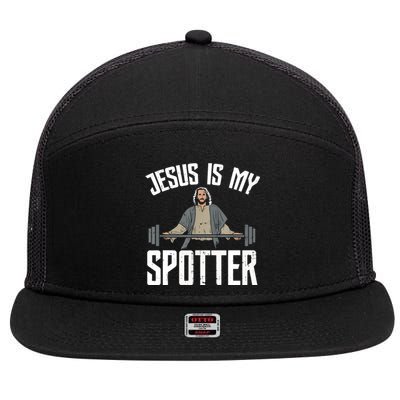 Jesus I Jesus Is My Spotter 7 Panel Mesh Trucker Snapback Hat