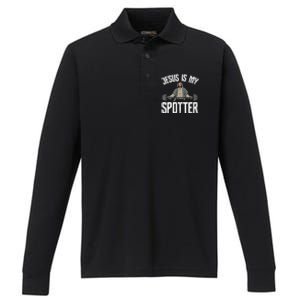 Jesus I Jesus Is My Spotter Performance Long Sleeve Polo