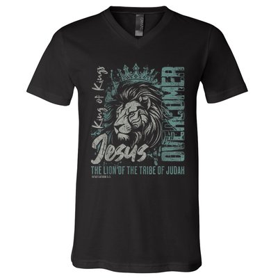 Jesus Is King Lion Of Judah Bible Faith Graphic Christian V-Neck T-Shirt