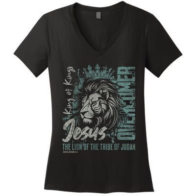 Jesus Is King Lion Of Judah Bible Faith Graphic Christian Women's V-Neck T-Shirt