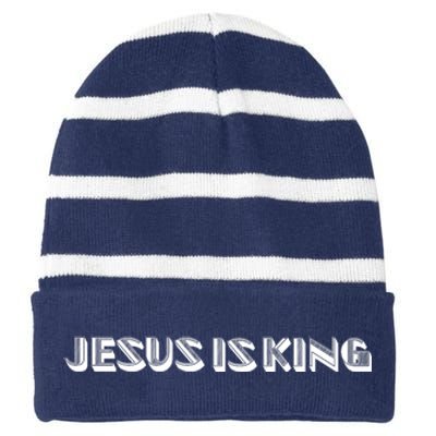 Jesus Is King. Embossed Minimalist Faith Christian Catholic Striped Beanie with Solid Band