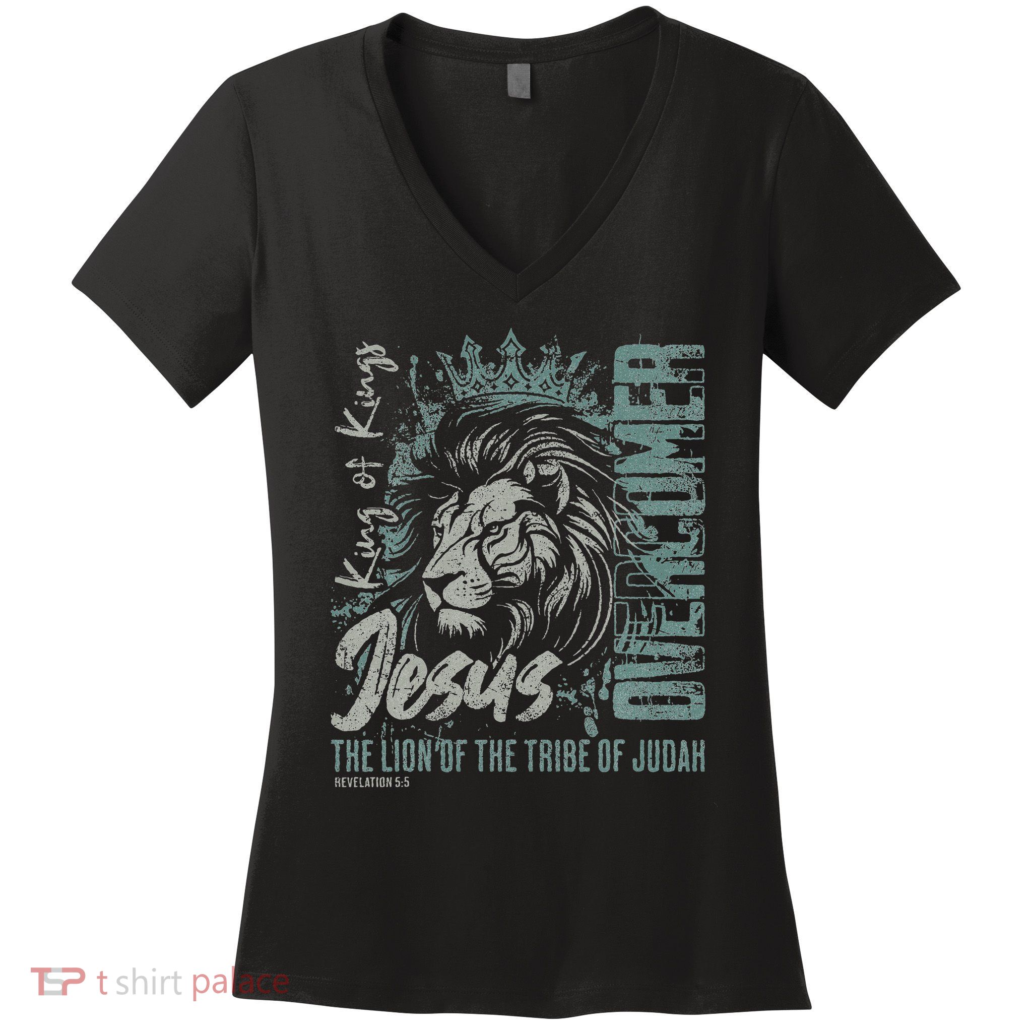 Jesus Is King Lion Of Judah Bible Faith Graphic Christian Women's V-Neck T-Shirt