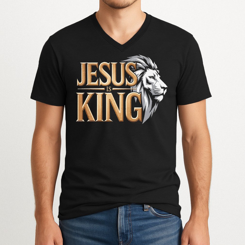 Jesus Is King Christian Lion Religious Faith Bible Verse V-Neck T-Shirt