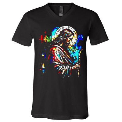 Jesus is King Stained Glass Art Portrait Silhouette Rev 1 8 V-Neck T-Shirt
