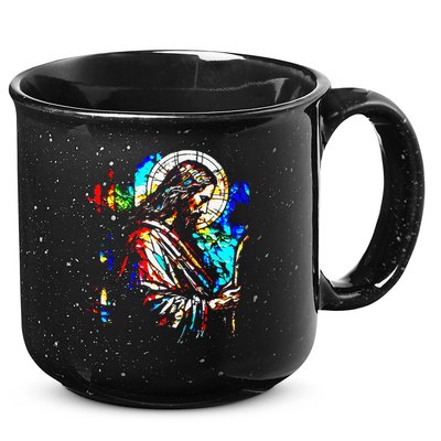 Jesus is King Stained Glass Art Portrait Silhouette Rev 1 8 15oz Campfire Ceramic Mug