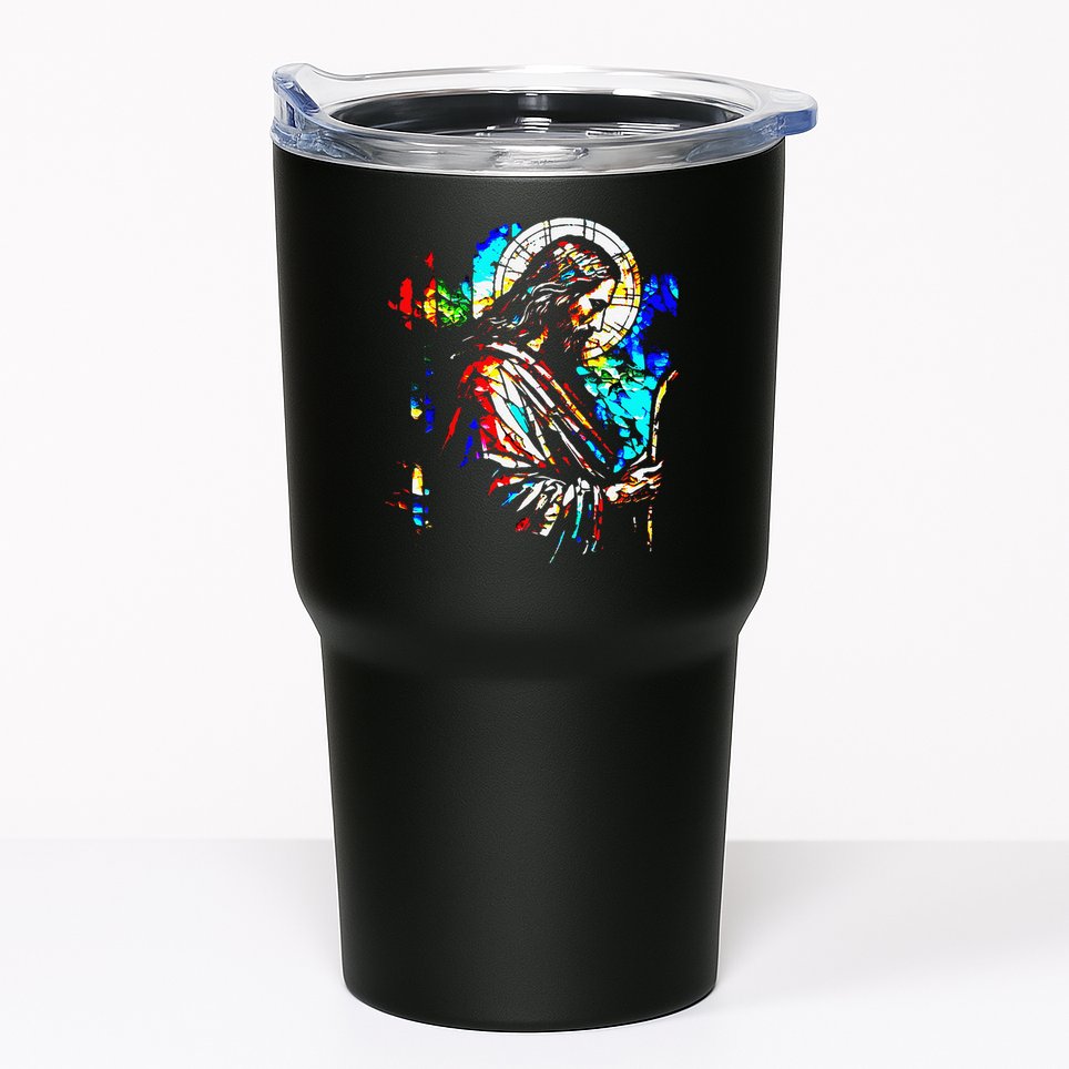 Jesus is King Stained Glass Art Portrait Silhouette Rev 1 8 Tumbler