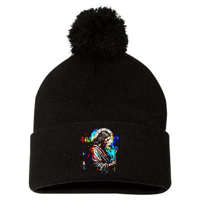 Jesus is King Stained Glass Art Portrait Silhouette Rev 1 8 Pom Pom 12in Knit Beanie