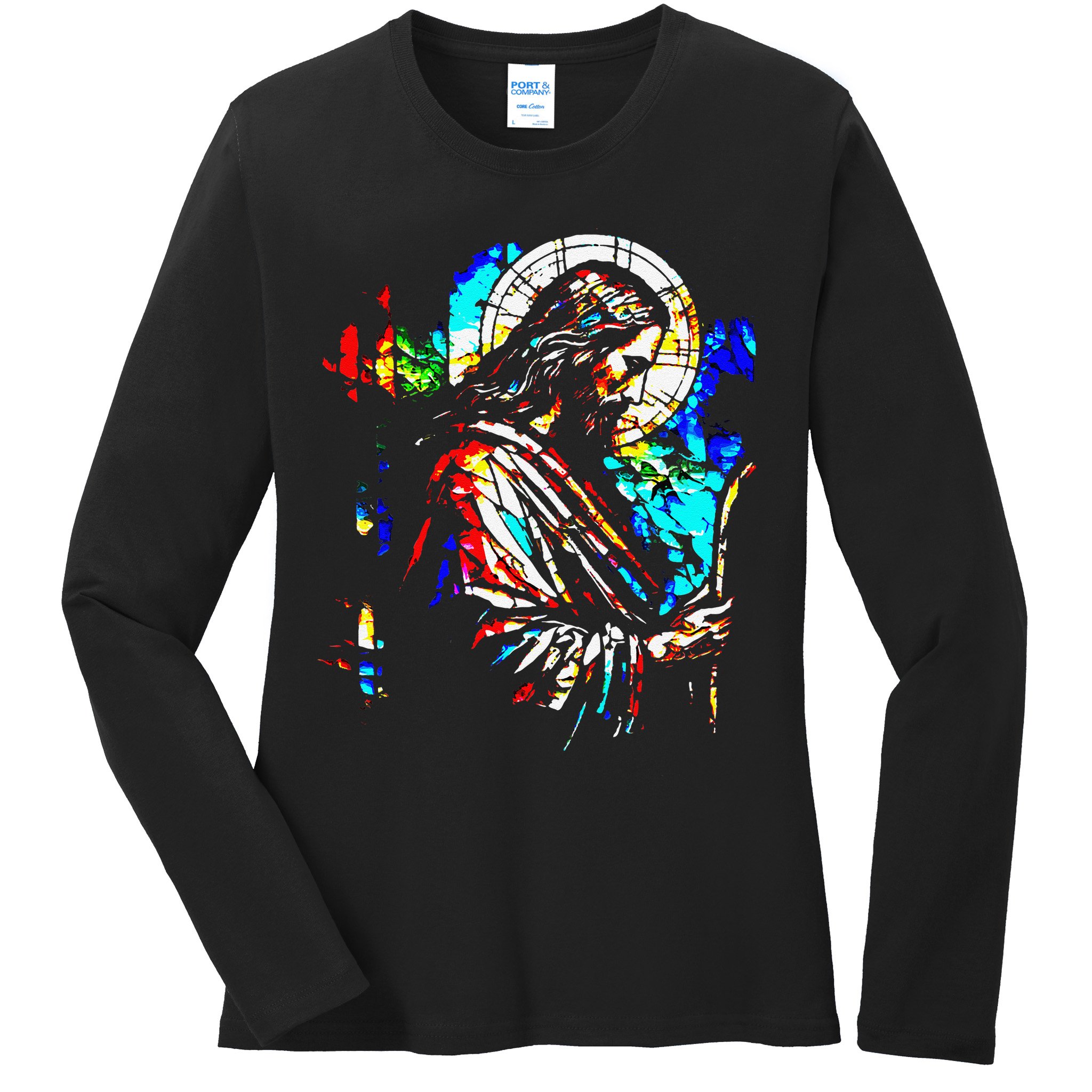 Jesus is King Stained Glass Art Portrait Silhouette Rev 1 8 Ladies Long Sleeve Shirt