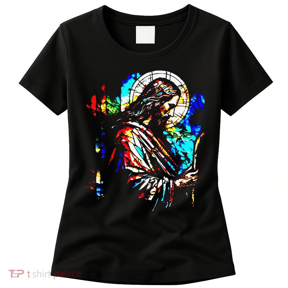 Jesus is King Stained Glass Art Portrait Silhouette Rev 1 8 Womens T-Shirt