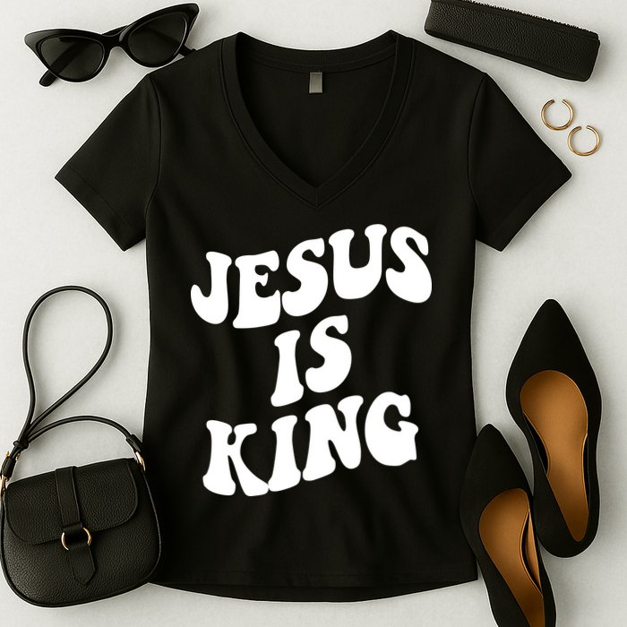 Jesus Is King Groovy Retro Christianity Women's V-Neck T-Shirt