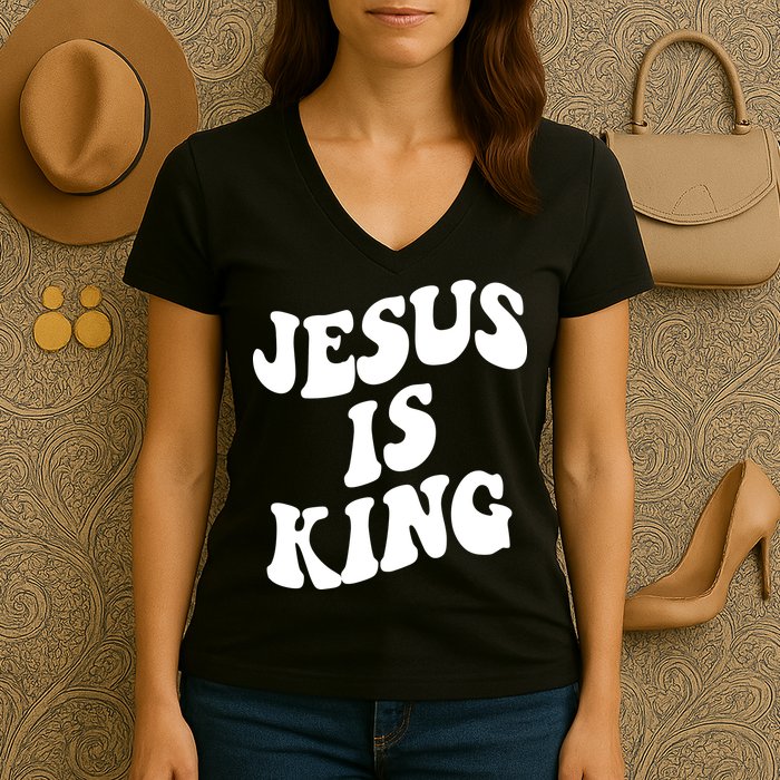 Jesus Is King Groovy Retro Christianity Women's V-Neck T-Shirt