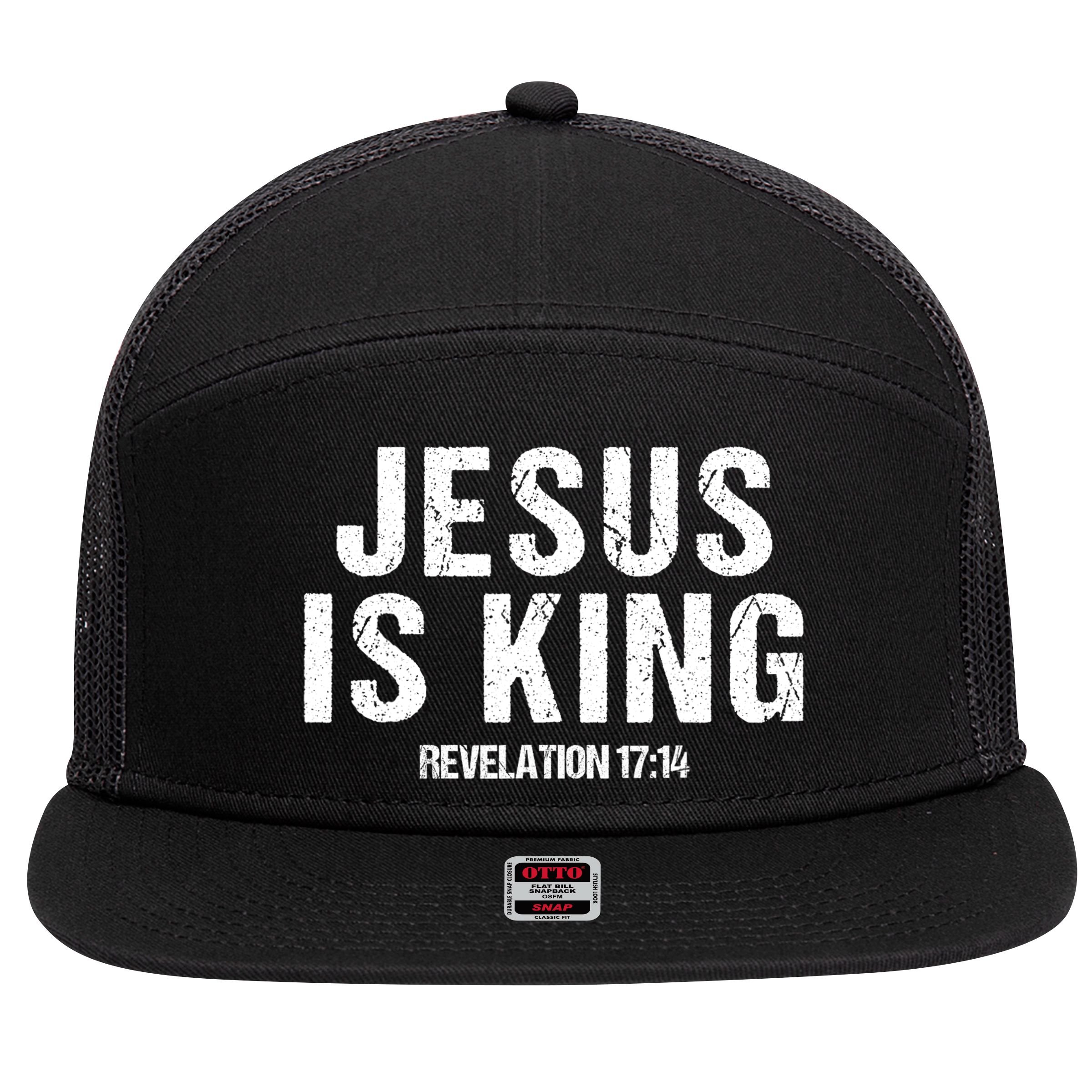 Jesus Is King Bible Scripture Quote Christian 7 Panel Mesh Trucker Snapback Hat