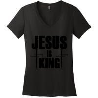Jesus Is King 3 Nails Cross Christian Catholic Redeemed Collection Women's V-Neck T-Shirt