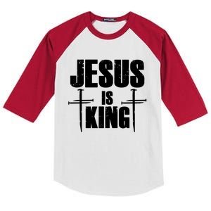 Jesus Is King 3 Nails Cross Christian Catholic Redeemed Collection Kids Colorblock Raglan Jersey