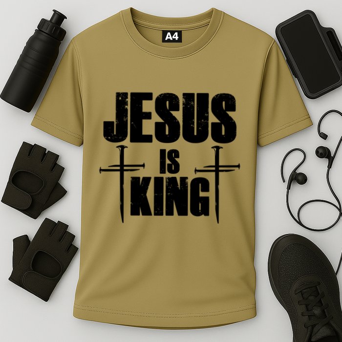 Jesus Is King 3 Nails Cross Christian Catholic Redeemed Collection Cooling Performance Crew T-Shirt