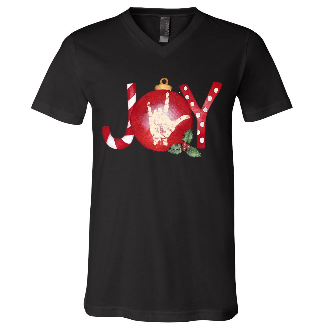 Joy I Love You Asl Hand Christmas Ornament Long Sleeve V-Neck T-Shirt