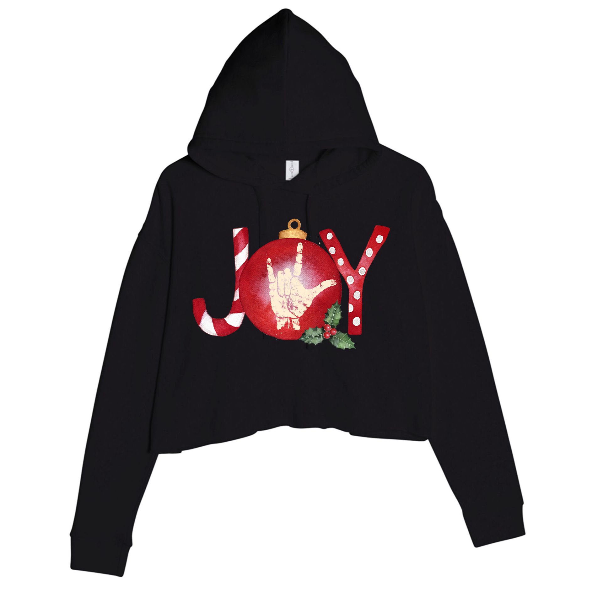 Joy I Love You Asl Hand Christmas Ornament Long Sleeve Crop Fleece Hoodie
