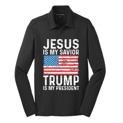 Jesus Is My Savior Trump Is My President Usa Flag Cute Gift Silk Touch Performance Long Sleeve Polo