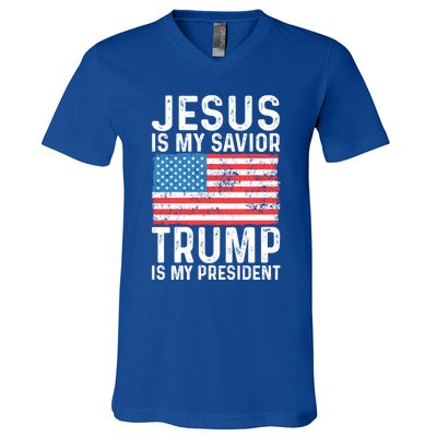 Jesus Is My Savior Trump Is My President Usa Flag Cute Gift V-Neck T-Shirt