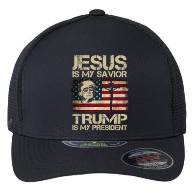 Jesus Is My Savior Trump Is My President Usa Flag Cute Gift Flexfit Unipanel Trucker Cap