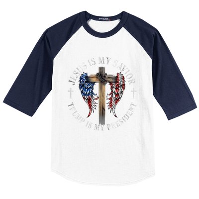 Jesus Is My Savior Trump Is My President 2024 Usa Flag Cross Baseball Sleeve Shirt