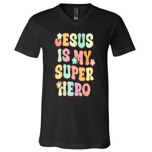 Jesus Is My Superhero Christian Religious V-Neck T-Shirt