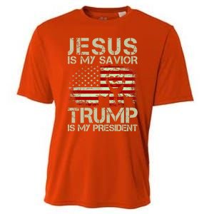 Jesus Is My Savior Trump Is My President Trump 2024 Usa Flag Gift Cooling Performance Crew T-Shirt