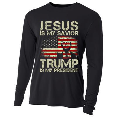 Jesus Is My Savior Trump Is My President Trump 2024 Usa Flag Gift Cooling Performance Long Sleeve Crew