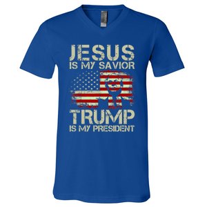 Jesus Is My Savior Trump Is My President Trump 2024 Usa Flag Gift V-Neck T-Shirt