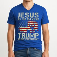 Jesus Is My Savior Trump Is My President Trump 2024 Usa Flag Gift V-Neck T-Shirt