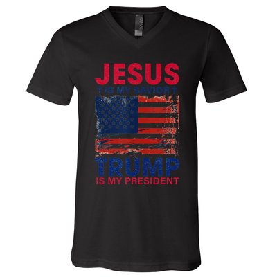 Jesus Is My Savior Trump Is My President Flag V-Neck T-Shirt